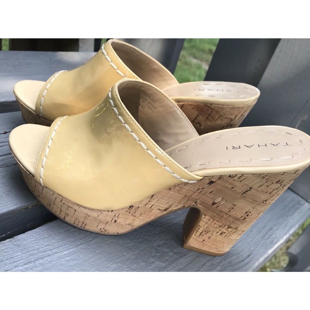 Tahari Miami Beige Tan Leather Cork 8.5 M Sandals Slip On Mules Platform heels